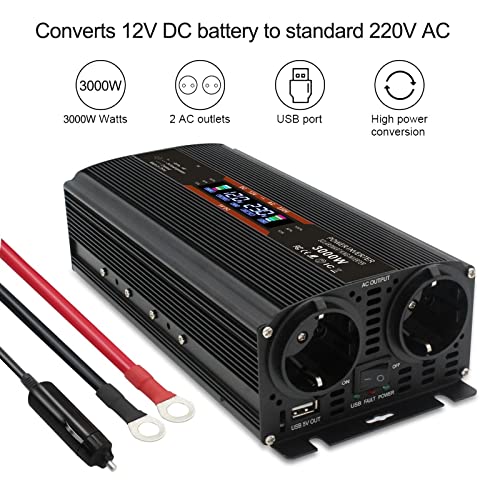 LCD 3000W falownik samochodowy DC 12V/24V do AC 220 230 wyświetlacz napięcia konwerter energii słonecznej podwójny wymienny bezpiecznik(12V Red)