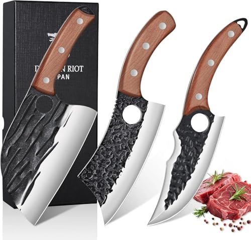 DRAGON RIOT Metzgermesser-Set 3-teilig, Handgeschmiedetes Messerset, Serbisches Kochmesser, Wikinger-Ausbeinmesser, Hackmesser - Profi...