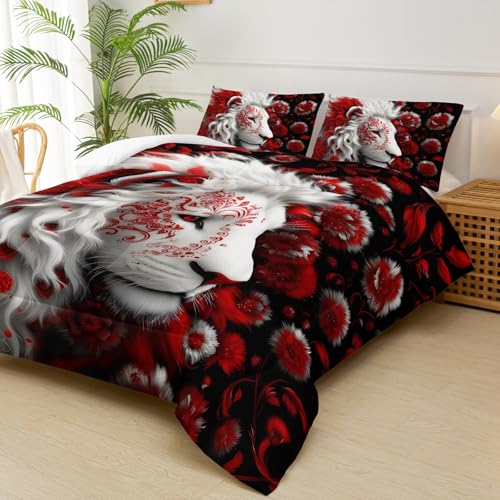 Image of Red and Black Lion Full Size Comforter Set for Men,Full Size Quilt Bedding Set Floral,Wild Animal Print Comforter Set,with 1 Comforter with 2 Pillow Case