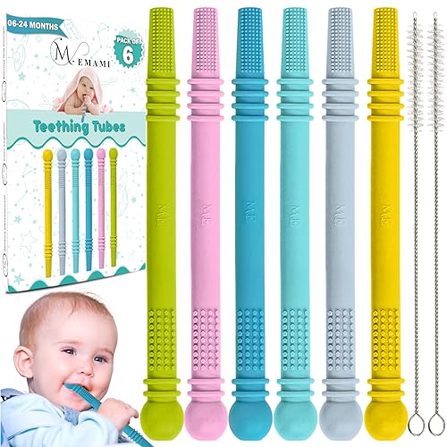Image of M. Emami Baby Teething Toy - Pack of 6 Hollow Teething Sticks with 2 Cleaning Brushes - 100% Food Grade Silicone, BPA Free, and Dishwasher Safe - 6 Vibrant Colors for 6-18 Months Babies