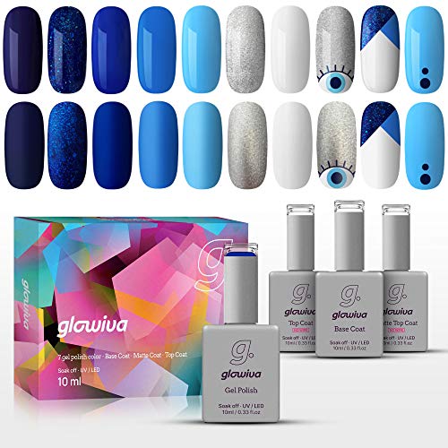 Glowiva Blue Gel Nail Polish Set - Top Coat, Base Coat, Matte Top Coat - Soak Off 10 ml Bottles -White, Silver, Dark Navy, Glitter, Royal, Sky, Light Baby Blue Colors Kit.