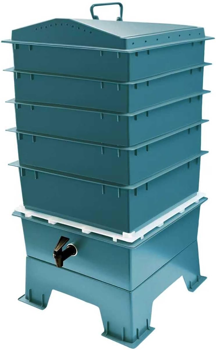 El original VermiHut® Classic Model 5-Tray Worm Composter Bin - Sistema de vermicompostaje para interiores y exteriores, reciclador de residuos de alimentos de flujo continuo para compostaje orgánico y jardinería - Verde oscuro