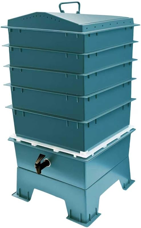 El original VermiHut® Classic Model 5-Tray Worm Composter Bin - Sistema de vermicompostaje para interiores y exteriores, reciclador de residuos de alimentos de flujo continuo para compostaje orgánico y jardinería - Verde oscuro