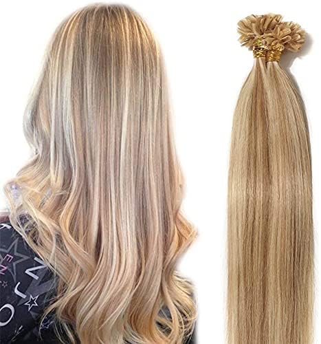 Silk-co U Tip Pre Bonded Hair Extensions Strands Keratin Nail Tip Straight Human Hair Extensions U tip Real Remy Hair 50 Strands Keratin Nail Til 14"-40g #12P613 Golden Brown&Bleach Blonde