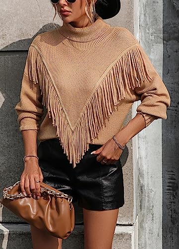 chouyatou Women's Oversized Fringe Tassel Sweater Long Sleeve Turtleneck Knitted Pullover Jumper Tops3