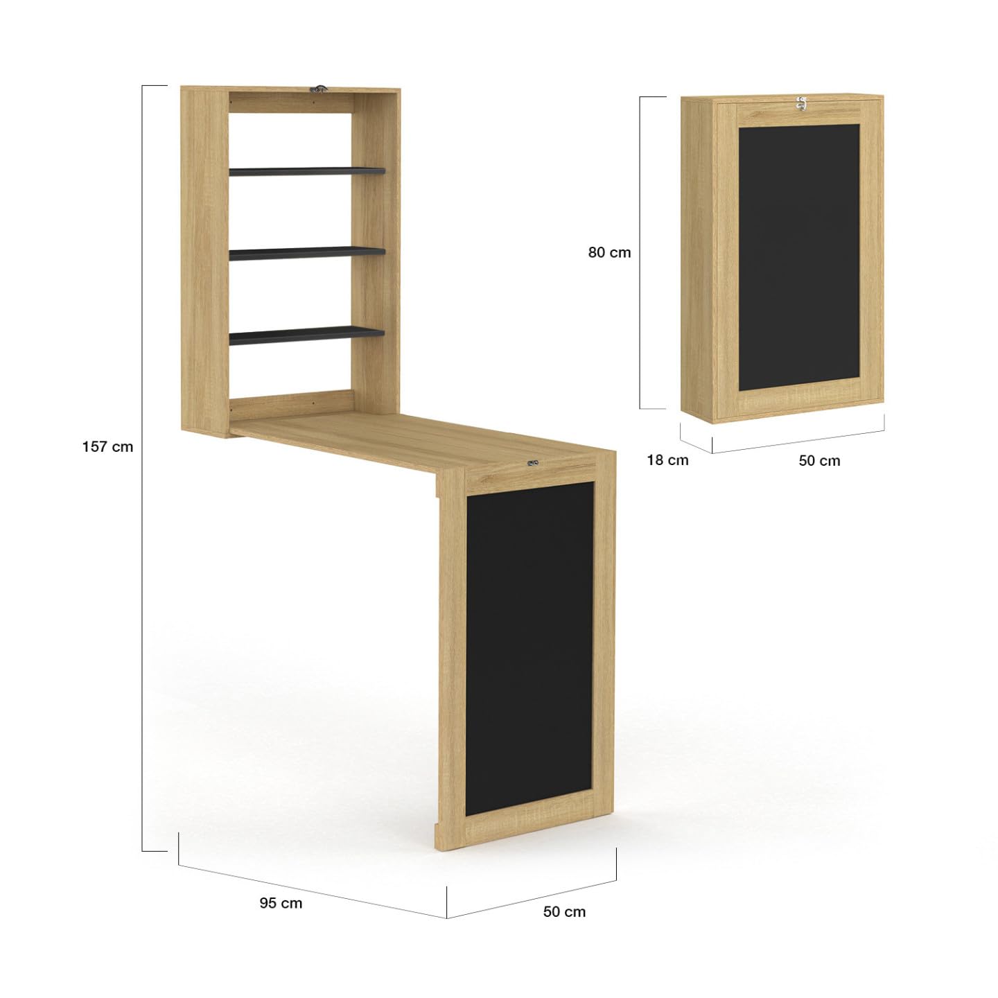 IDMarket - Table Murale Pliable MACCHIA avec étagères et Tableau Craie 2 Personnes Bois et Noir