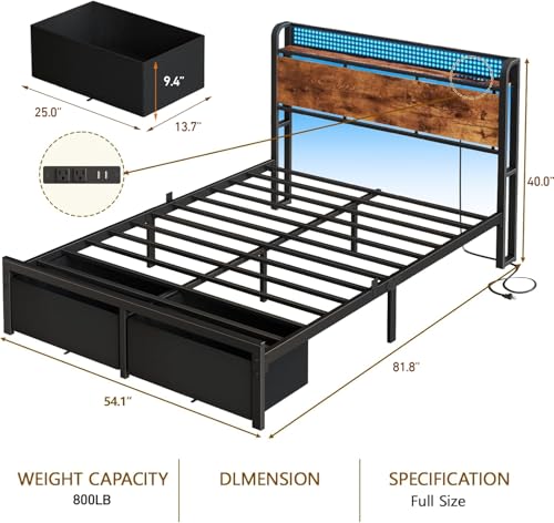 Image of Furnulem Full Size Bed Frame with Headboard Storage, Platform Bed Frame Full Size with 2 Drawers, Charging Station and LED Lights, No Box Spring Needed, Noise Free, Easy Assembly (800 lbs Capacity)