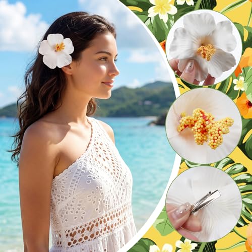 6 Piezas Pinzas de Pelo con Flor Hawaiana para Mujeres, 3.5 Pulgadas, Flores Artificiales Plumeria Hibiscus, Accesorios Tropicales para Playa, Piscina, Vacaciones, Fiestas Luau y Bodas (Blanco, Rojo, Naranja) miniatura 3