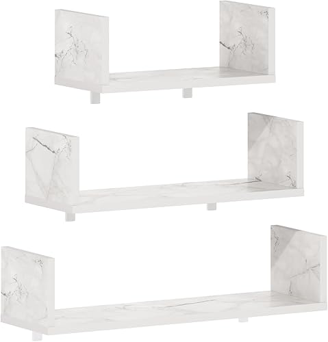 Miniatura 6 de Furinno Rossi - Estantes flotantes de pared para dormitorio, con soportes invisibles, juego de 3, mármol blanco