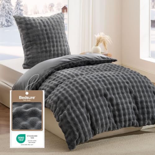 BEDSURE Plüsch Bettwäsche 135x200 2teilig - Anthrazit, 1x80x80 Kissenbezüge | OEKO-TEX, Warme 3D Bubble Winterbettwäsche mit Reißverschluss, Biber-like Kuschelig Weich Flauschig Fl