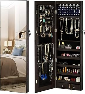 YOKUKINA Jewelry Mirror Armoire Cabinet, Large Storage Organizer w/LED Light, Door-Hanging/Wall-Mounted Lockable, Brown