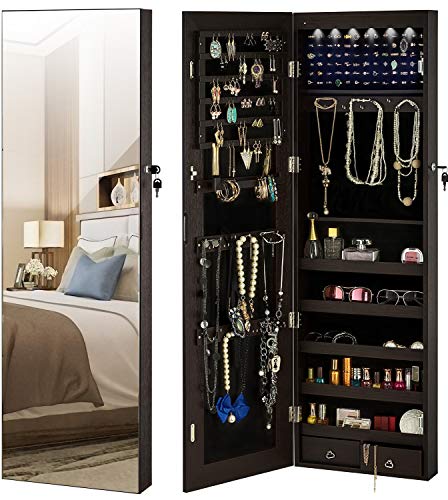 YOKUKINA Jewelry Mirror Armoire Cabinet, Large Storage Organizer w/LED Light, Door-Hanging/Wall-Mounted Lockable, Brown