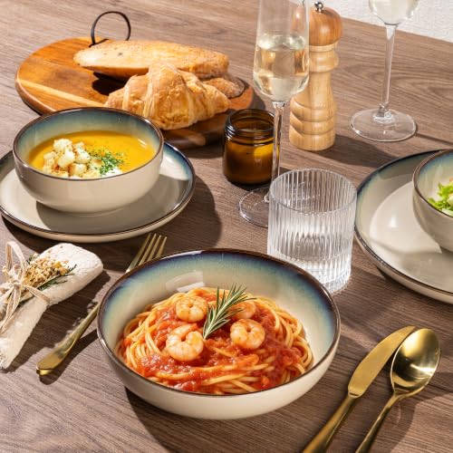 Image of GBHOME 32 Pieces Stoneware Double Bowls Dinnerware Sets for 8, Ceramic Plates and Bowls Set with Reactive Glaze, Scratch Resistant Dishes Set, Dishwasher & Microwave Safe