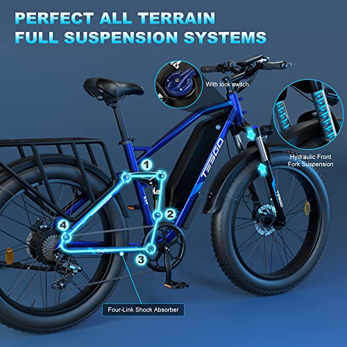 Tesgo Electric Bike Adults 750W 48V 17.5Ah Removable Lg Cells Battery 26'' Fat Tire Ebike 28Mph Snow Beach Mountain E Bike Full Suspension Shimano 7-Speed【Front Rack Included】 #TOP4
