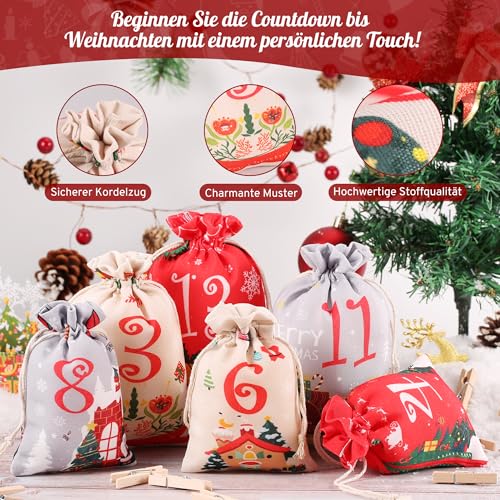 DazSpirit Adventskalender zum Befüllen 2025, DIY Säckchen, 24 Groß Stoffbeutel, Adventskalender Selber Befüllen für Kinder & Erwachsene, Säckchen mit Holzklammern und Hanfseil