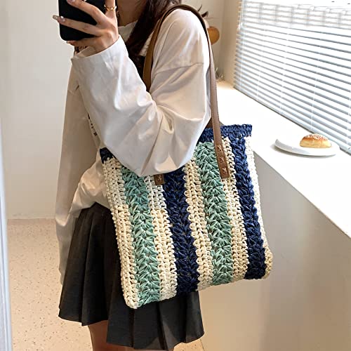 Bolso Tote grande de paja rayado para mujer miniatura 2