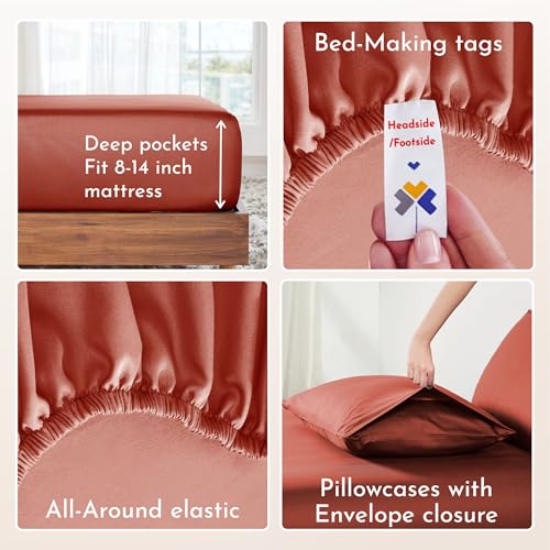 Image of California Design Den King Sheets Set - Natural 100% Cotton Sateen with Deep Pockets, Soft Sateen Weave, Breathable and Durable Bedding (Bright Orange)