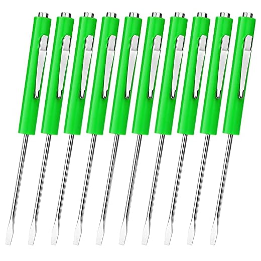 Honoson 10 Pieces Pocket Screwdriver Mini Tops and Pocket Clips Magnetic Slotted Small Screw Driver with a Single Blade Head for Mechanical, Electrician(Green)