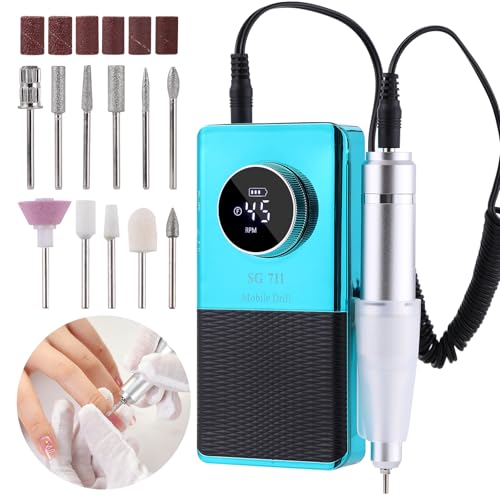 Image of Electric 45000RPM Nail Drill Machine Rechargeable Portable Nail File Electric DIY Nail Drill Kit with Smart LCD Screen for Gel Nail Manicure and Pedicure Reflective Body etc (Blue)