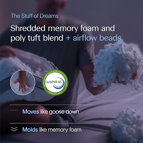 Image of DreamyBlue Gusseted SAPPHIRE Pillow • Adjustable Loft, Luxury Cover, Shredded Memory Foam Fill w /Airflow Beads •Ideal For Wide Shoulders •Neutral Alignment for All • CertiPUR-US Certified Foam (Queen)