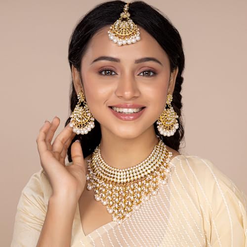 Image of Peora Kundan & Beads Studded Necklace Earrings & Maangtikka Set Ethnic Jewellery for Women & Girls