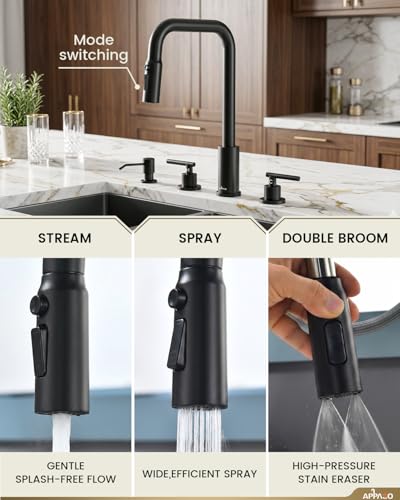 Image of APPASO 4 Hole Black Kitchen Faucet with Pull Down Sprayer & Soap Dispenser | Matte Black Square Neck Kitchen Sink Faucet with Dual Handle, Stainless Steel for 3 and 4-Hole Sinks, Easy to Install