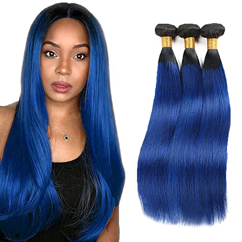 LadrXadr Ombre Bundles Human Hair Straight Blue 22 24 26 Inch 8A Brazilian 3 For Black Women Double Weft 2 Tone And Extension, 1B blue straight 3 bundles