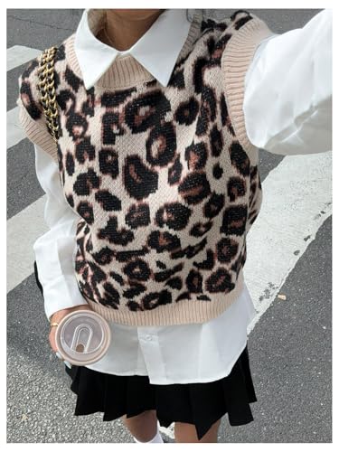 MakeMeChic Women's Leopard Print Vest Top Y2K Crew Neck Sleeveless Sweater Vests4