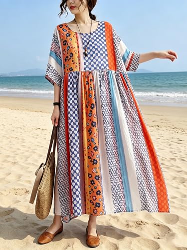 Image of Women Summer Dress with Pockets Plus Size Boho Floral Print Round Neck Loose Casual Flowy Dress