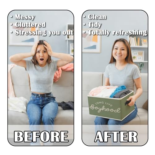 Image of Long Live Boyhood Boys Storage Bins Box with Handles, Green Collapsible Basket Organizer for Kids Teen Boy Nursery Room Bedroom Bathroom Playroom Books Clothes