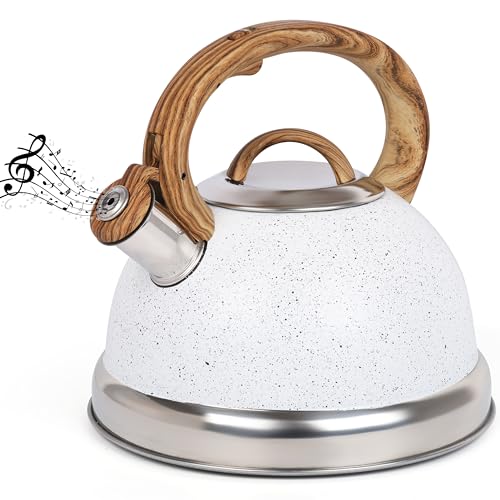 Belle Vous White Texture Whistling Tea Kettle – 3L Tea Pot for Stovetop/Induction Hob – Stainless Steel Hot Water Camping Kettle Teapot for Tea/Coffee