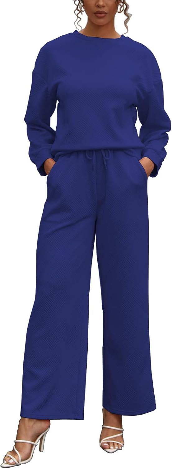 kaimimei Womens 2 Piece Outfits Travel Matching Long Sleeve Tops and Wide Leg Pants Sets Casual Loungewear with Pockets - Image 2