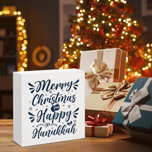 Image of Hanukkah Decor, Happy Hanukkah and Merry Christmas Wood Box Sign, Jewish Gift Ideas for Women, Jewish Christmas Home Office Decorations for Desk Table Shelf 5 X 5 Inches