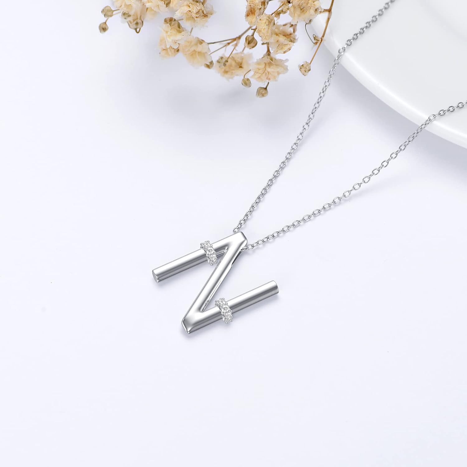 Initial Pendant Necklace 14K White Gold Plated A-Z 26 Letter Alphabet Pendant 925 Sterling Silver Jewelry Gift for Women Girls Teens