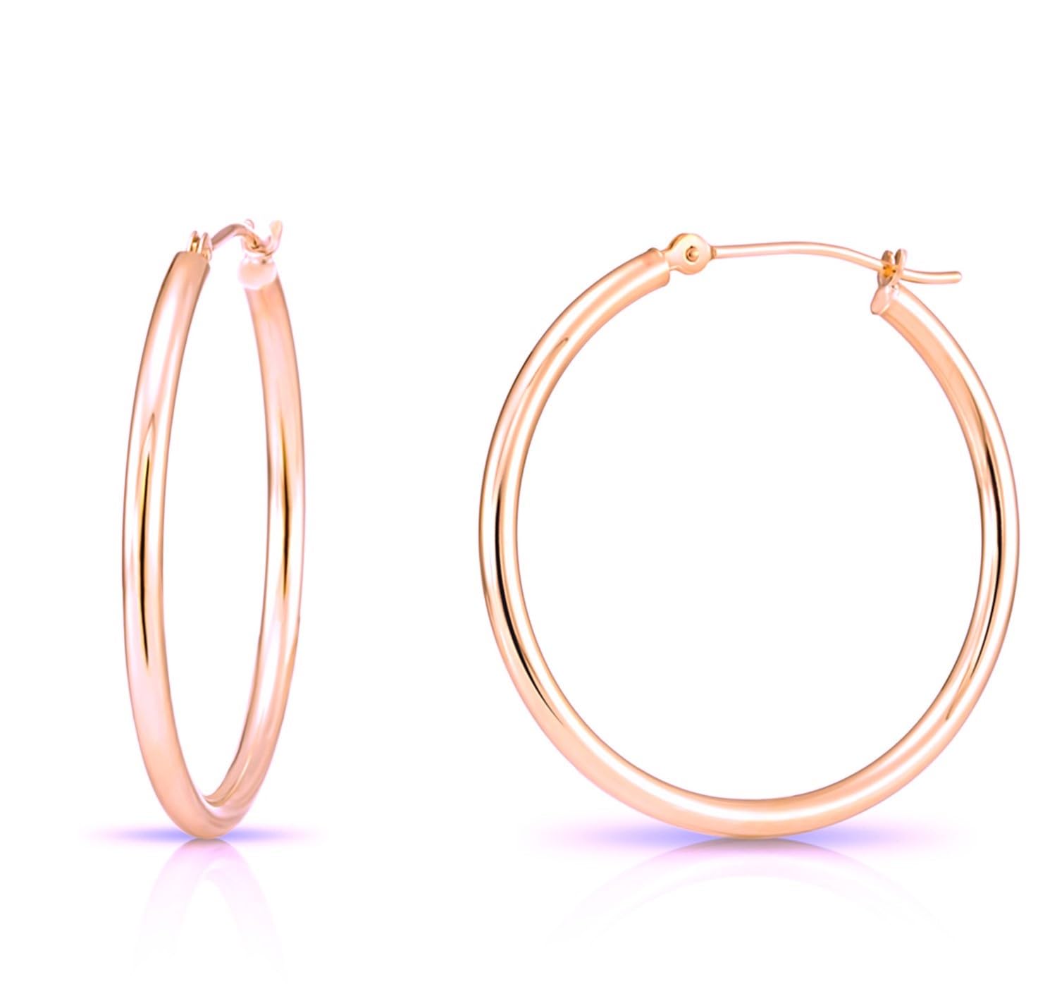 14K Rose Gold Classic Shiny Polished Round Hoop Earrings, 2mm tube