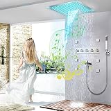 LED Regendusche Duschsystem, Thermostat Duschsystem mit Musik 4 Function kann gleichzeitig laufen und Fluss kontrolliert werden Regendusche Komplett-Set… (400×400mm)