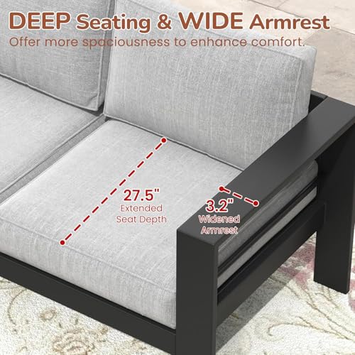 Image of 8 Pieces Outdoor Conversation Sets, Aluminum Patio Couch with Outdoor Coffee Table, All-Weather Metal Patio Couch with Thick and Soft Cushion and Wide Arm, Outdoor Sofa Sets for Balcony, Light Gray
