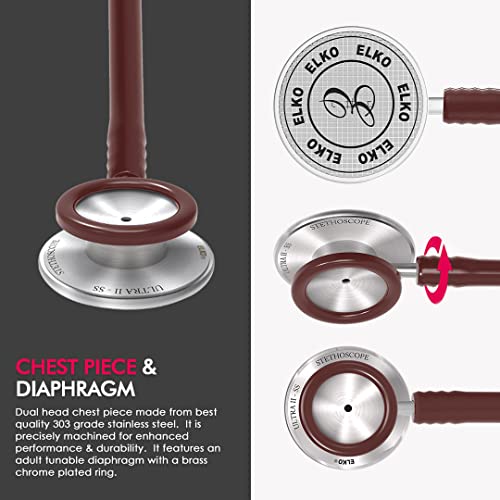 Image of ELKO EL-140 ULTRA II SS Stainless Steel Acoustic Stethoscope | For Doctors, Medical Students & Healthcare Professionals | Dual Head Chestpiece | 5.5mm Brass Pipe Frame | U-Shaped PVC Tubing (Brown)