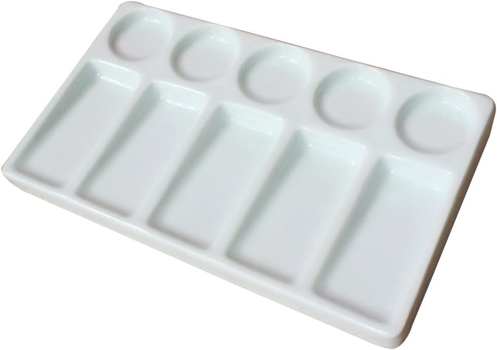 Watercolor Palette Tray 10-Well Rectangular Shape Porcelain Leak Proof Ceramic Painting Palette for Painters Students or Art (White)