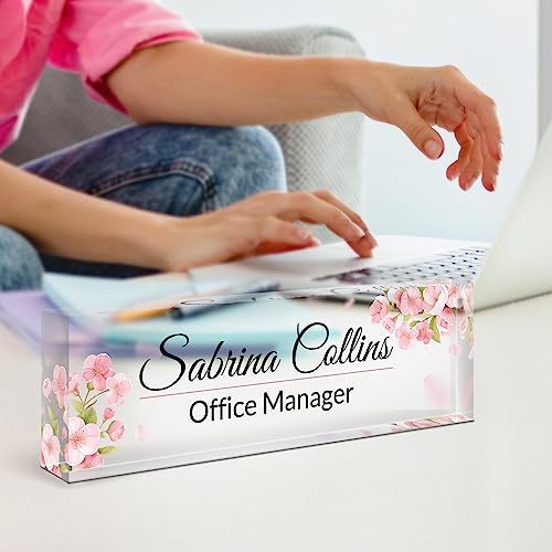 Image of Name Plate for Desk, Desk Name Plate Personalized, Pink Office Decor for Women Men, Acrylic Desktop Accessories, Office Gifts for Boss Nurse Teacher Coworker, Employee Appreciation Gift (Flowers A)