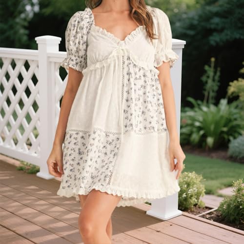Image of Women Y2k Puff Sleeve Babydoll Dresses Square Neck Tie Back Mini Dress Summer Solid Off Shoulder Flowy Sundress