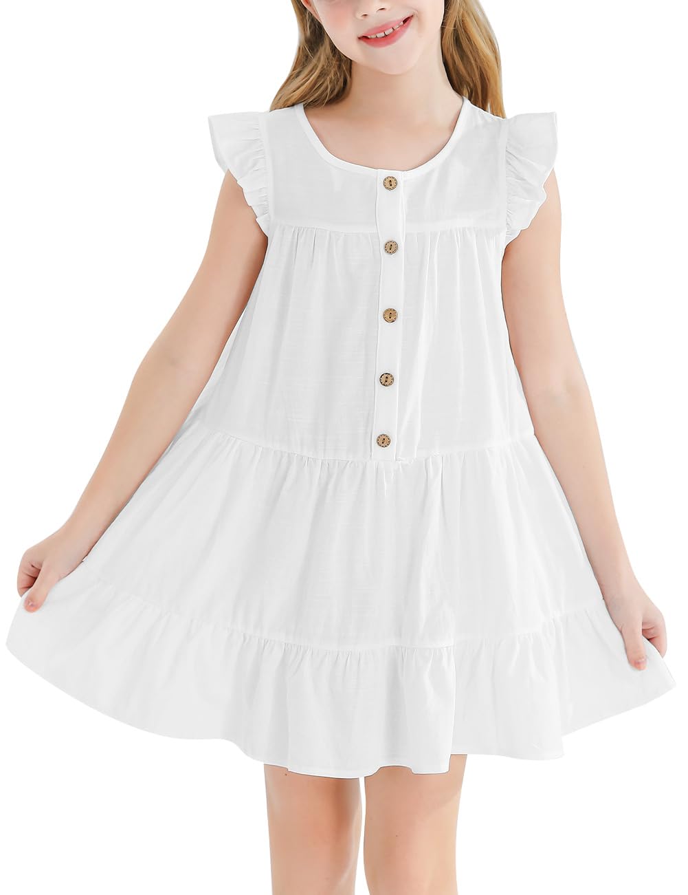 Cudtum Girls Dresses Button Down Flutter Long Sleeve A-Line Sundress Casual Midi Dresses for 6-14 Years Kids