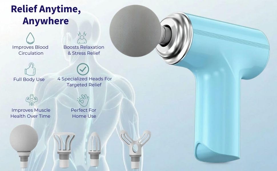 Image of SBJ Massage Gun, Deep Tissue Body Massager for Pain Relief, 6-Speed Portable Percussion with 4 Heads for Muscle Pain Relief and Relaxation (White,Black,Pista Green and Sky Blue)