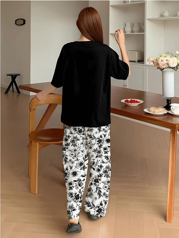 Image of KSHS Printed Round Neck Short Sleeve Nightsuit Set | Pajama Set | Casual Night Dress for Women