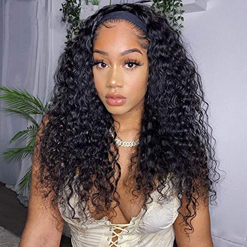 Headband Wigs Human Hair Deep Wave Headband Wigs for Black Women Glueless Brazilian Virgin Hair Machine Made Headband Wig 150% Density (18 Inch)