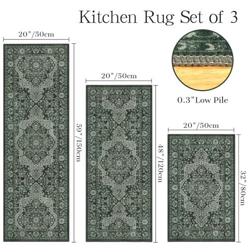 TUKDAK Boho Green Kitchen Rug Set of 3 Non-Slip Washable, Vintage Lightweight Distressed Sink & Stove Mats for Hallway, Entryway, Bathroom, Laundry, Bedroom, Farmhouse Decor by TUKDAK - Used condition - Image 6