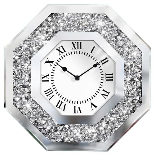 Koosome 12 Inch Silver Luxury Mirror Wall Clock, Diamond Rhinestone Glitter Crystal Sparkle Octagon Wall Clocks with Crushed Diamond Bling Wall Decorative for Bedroom, Bathroom, Living Room, Home