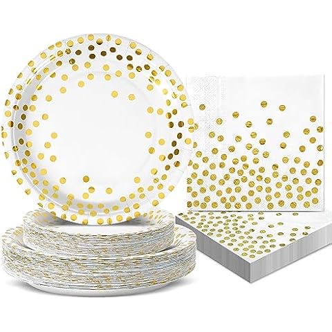 CENLBJ White Gold Paper Plates and Napkins Party Supplies-50 x 9" Disposable Plates & 50 x 7 Dessert Plates and 50 x 6.5 Napkins,for Weddings,Birthdays,Anniversaries,Indoor and Outdoor Parties Cover