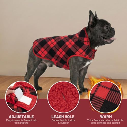 Image of cyeollo Warm Dog Coat Reversible X-Large Dog Jackets, Red Buffalo Plaid, XL | Warm Fleece Winter Sweater, Turtleneck Pet Vest, Adjustable Fit, Easy On & Off, Leash Hole for Cold Weather Outdoor Walks