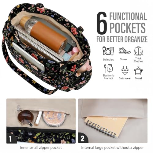Corduroy Tote Bag for Women,Large Capacity Cute Tote Bags With 6 Pockets,Crossbody Shoulder Handbag for Work Travel Gym (Black Retro Floral) - image 7